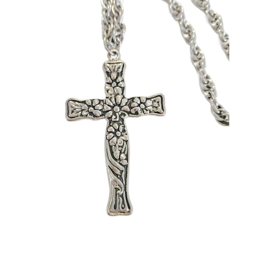 Vintage Silver Tone Floral Cross Pendant Necklace